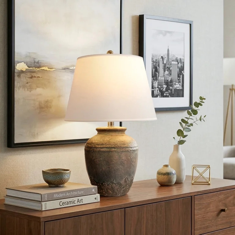 22in Rustic Ceramic Jar Table Lamp, Farmhouse Bedside Lamp, Vintage Textured Finish for Bedroom, ... | Walmart (US)