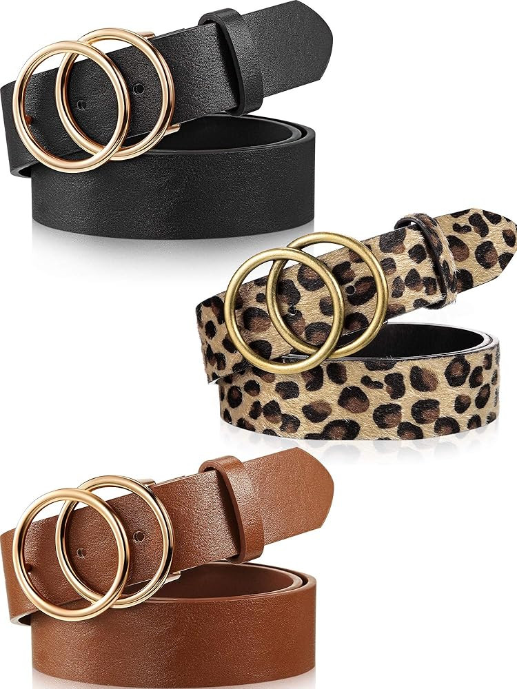 3 Pieces Women Leather Belt for Jeans Dress Waist Belts with Double Ring Buckle | Amazon (US)