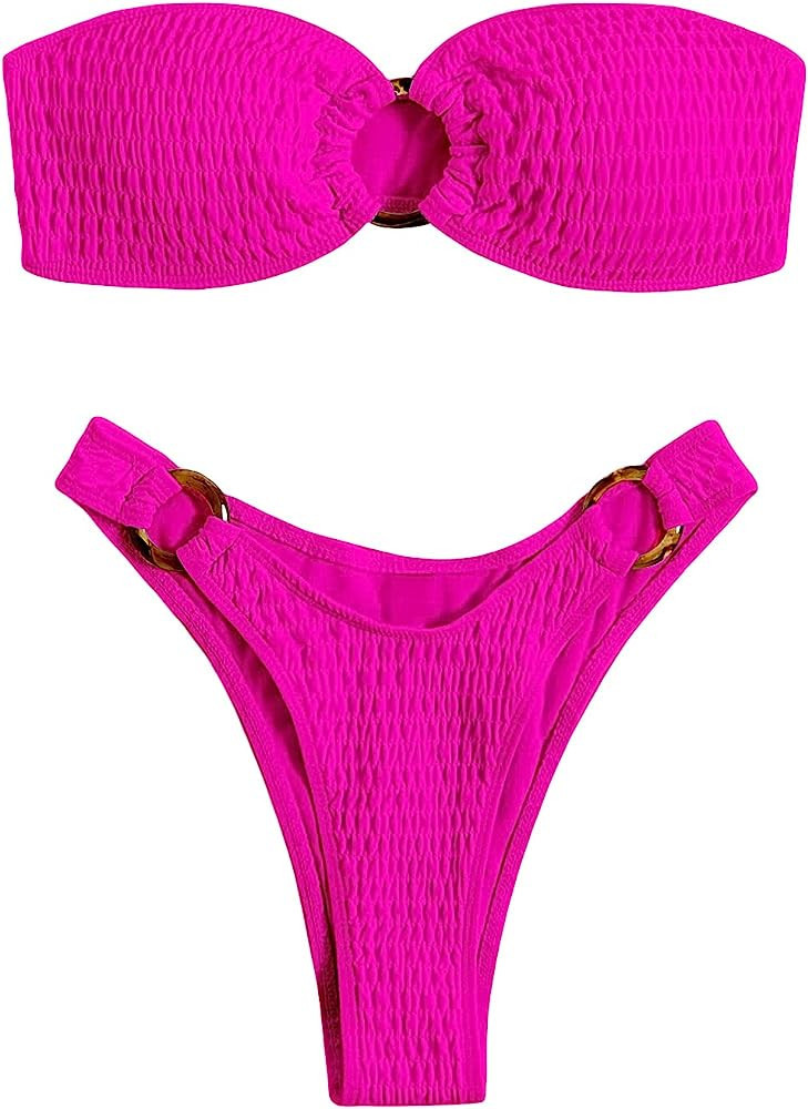 SheIn Women's Strapless Bandeau Bikini Hot Pink Bikini Hot Pink Swimsuit Hot Pink Bathing Suit | Amazon (US)