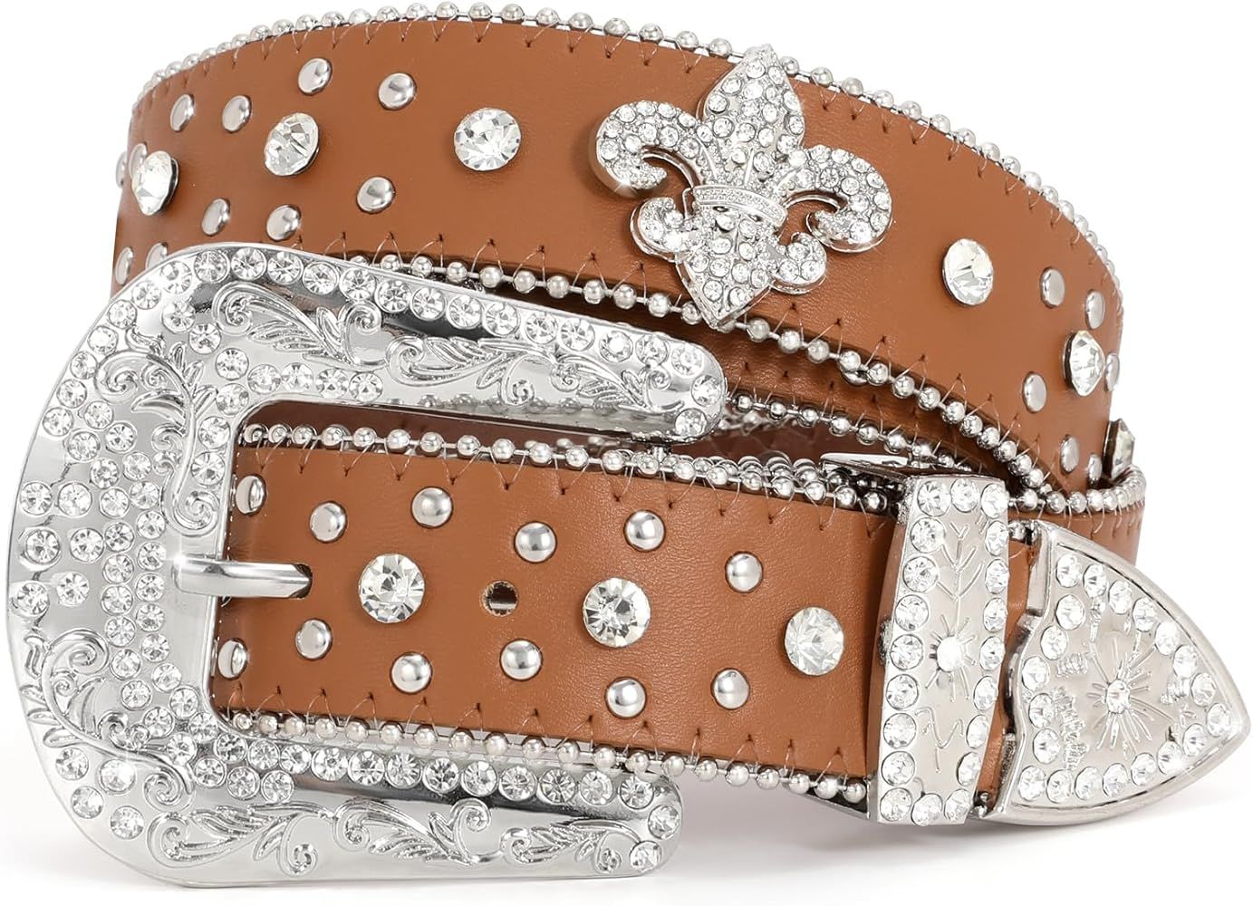 JASGOOD Rhinestone Studded Belt for Men Women, Western Leather Belt for Cowgirl Cowboy Vintage Bl... | Amazon (US)