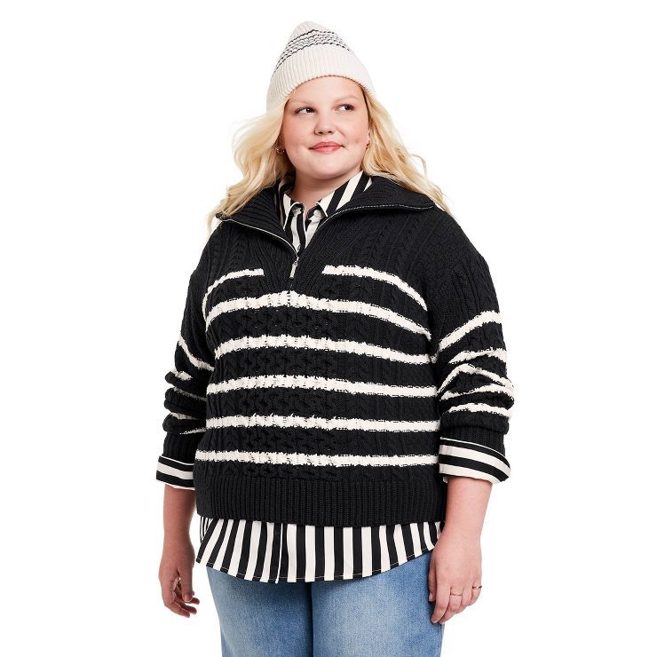 Women's Quarter Zip Striped Cable Knit Sweater - La Ligne x Target Black/White | Target