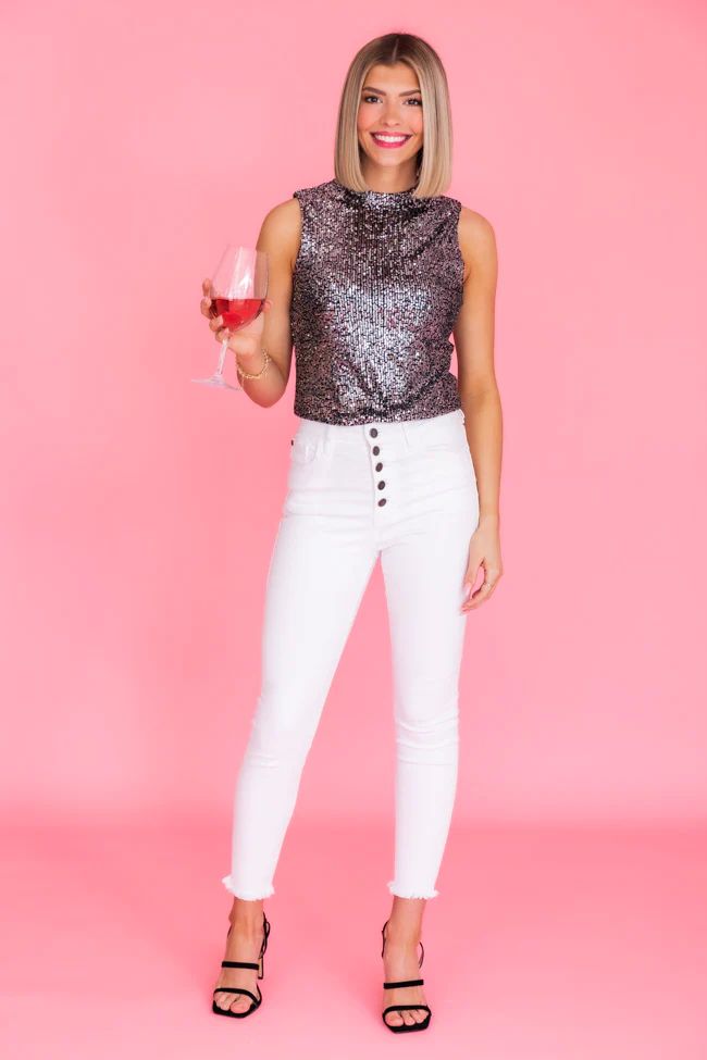 Sparkling Evening Silver Sequin Black Mock Neck Bodysuit | The Pink Lily Boutique