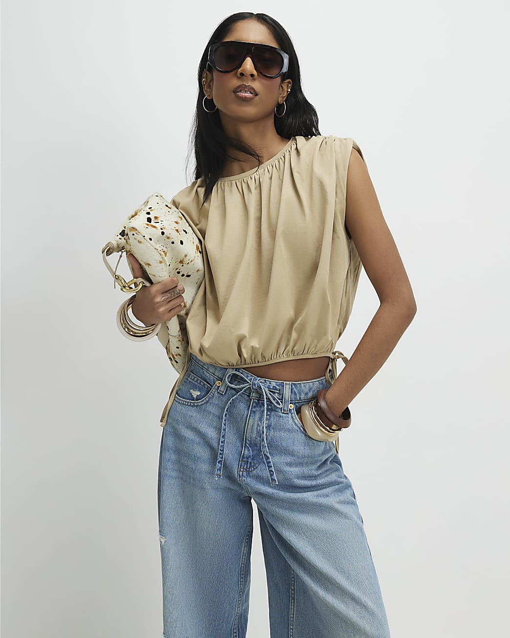 Beige Bubble Hem T-Shirt | River Island UK & IE
