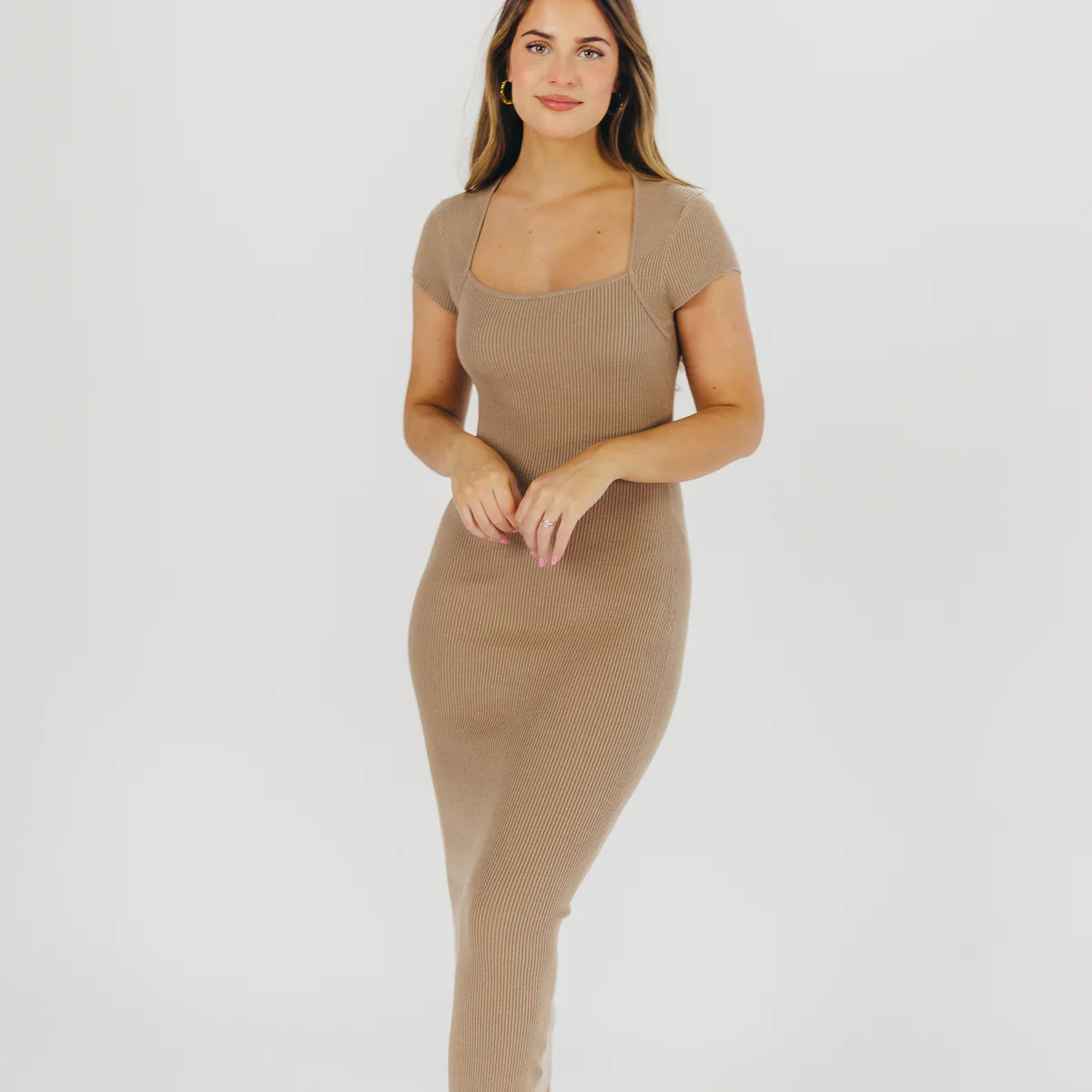 Wren Ribbed Knit Maxi Dress with Square Neckline in Taupe (XS-XL) - Wo | Worth Collective