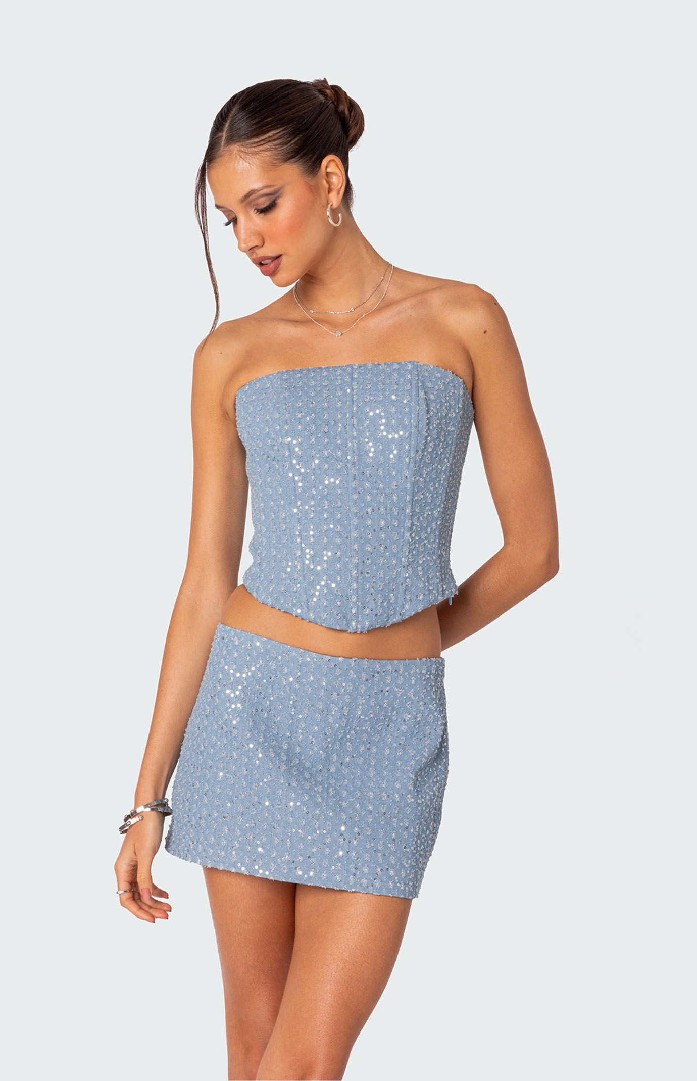 Edikted Women's Icing Sequined Denim Corset in Light Blue - Size XS | PacSun