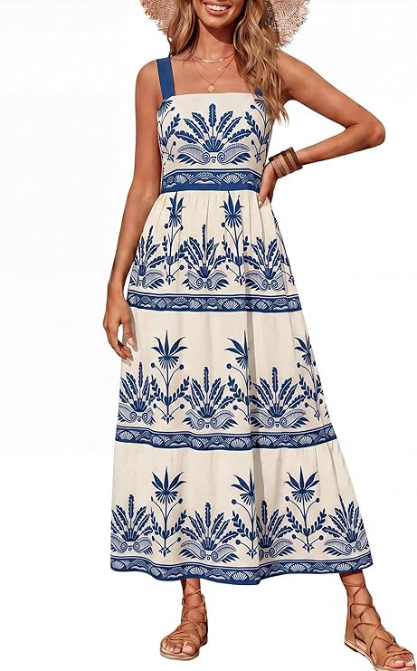 Simplee Womens Summer Boho Floral Maxi Dress Casual Flowy Sleeveless Square Neck Beach Vacation S... | Amazon (US)