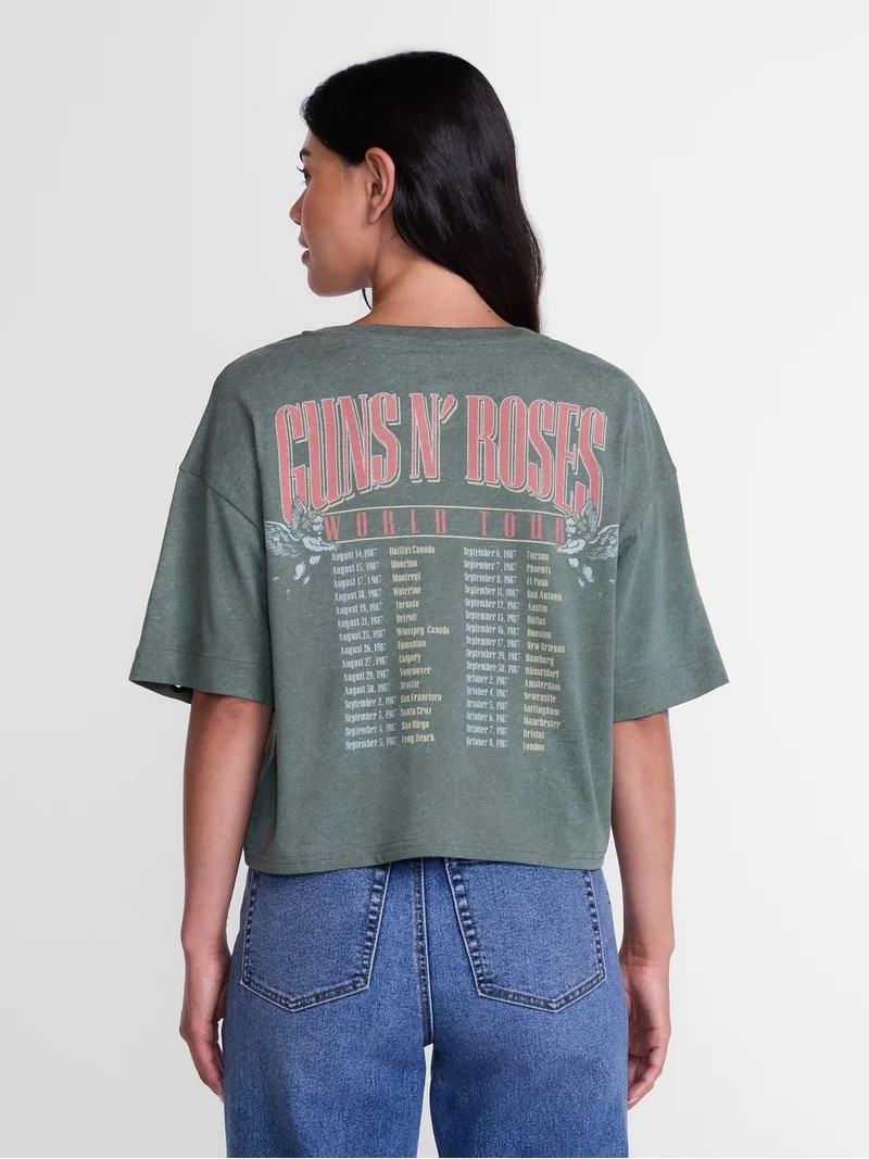 Guns N' Roses Women's Cropped Front Back Graphic Band Tee, Sizes XXS-4X | Walmart (US)