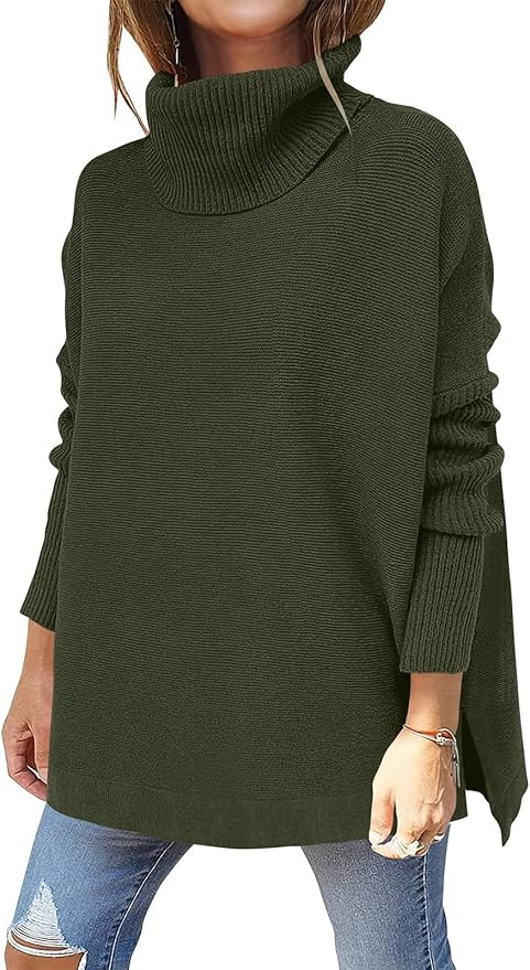 ANRABESS Women's Turtleneck Oversized 2023 Long Batwing Sleeve Spilt Hem Knit Tunic Pullover Swea... | Amazon (US)