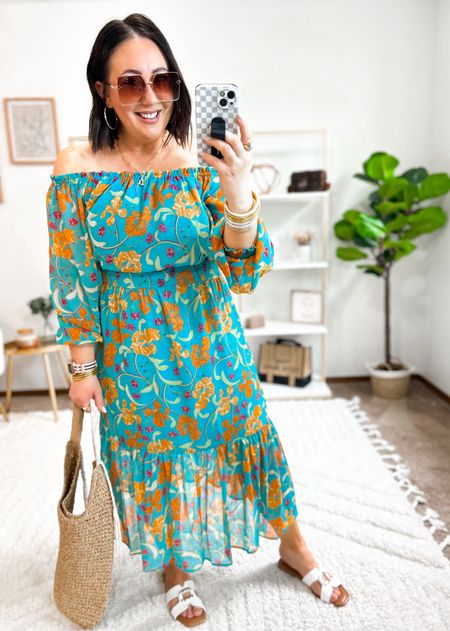 New off the shoulder midi dress for $26!  Love the print on this one. Total vacation vibes when you wear it off the shoulder and style this with sandals!  Can be worn on the shoulders too. Large in mine. Fits tts. XL tummy control shorts. 38DD strapless bra. My normal size. Favorites from Amazon!  Size up half a size in the sandals if you can  

#LTKmidsize #LTKfindsunder50 #LTKSeasonal