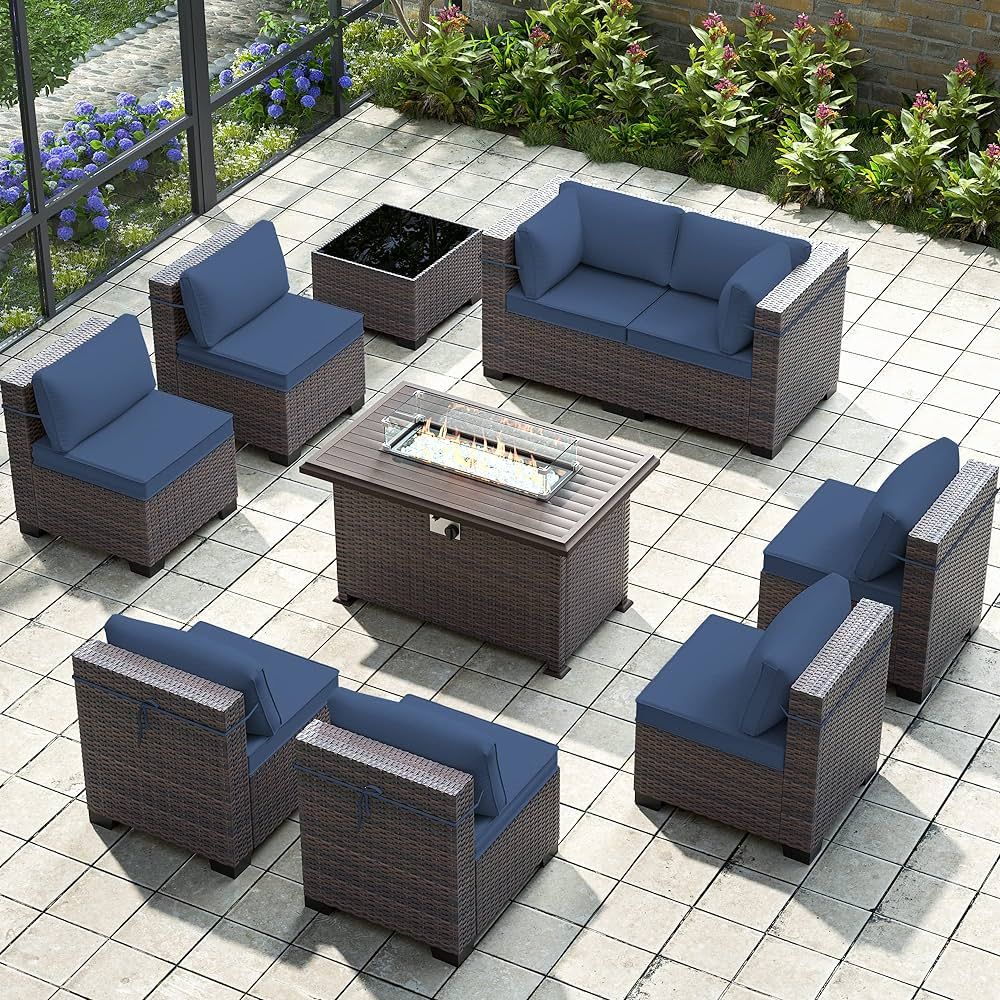 Gotland 10 Piece Outdoor Patio Furniture Set with Gas Fire Pit Table Patio Furniture Sectional Sofa  | Amazon (US)