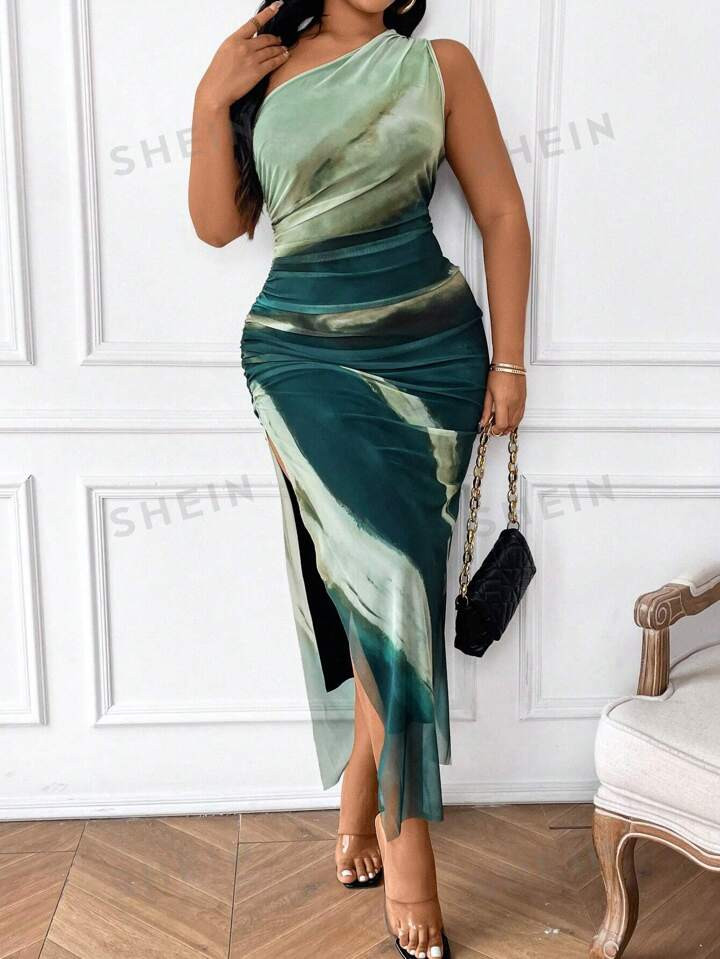 SHEIN Privé Plus Size Summer Tie-Dye Printed Dress With Asymmetric Neckline, Ruched Waist And Si... | SHEIN