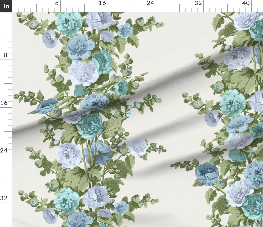 Custom Hollyhocks Deeper Teal Green Blue on Cream Fabric | Spoonflower | Spoonflower