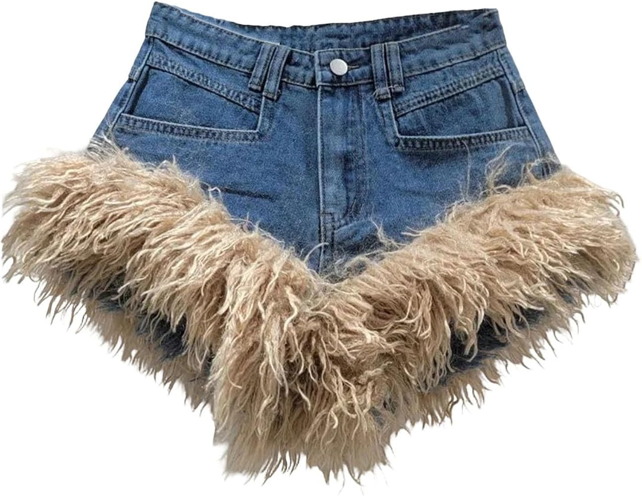 Women's Low Waist Denim Shorts Patchwork Fur Trim Wrap Hip Solid Color Wide Leg Shorts | Amazon (US)