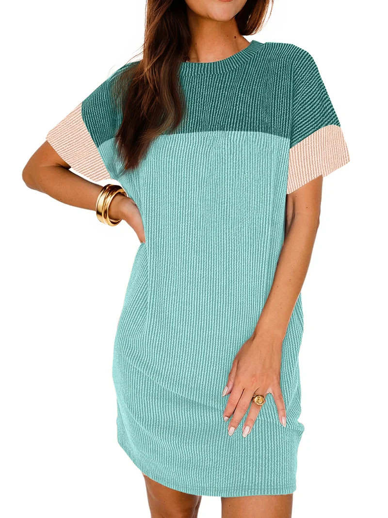 Fantaslook Summer Color Block Dresses for Women Crewneck Short Sleeve T shirts Dress Ribbed Dress... | Walmart (US)