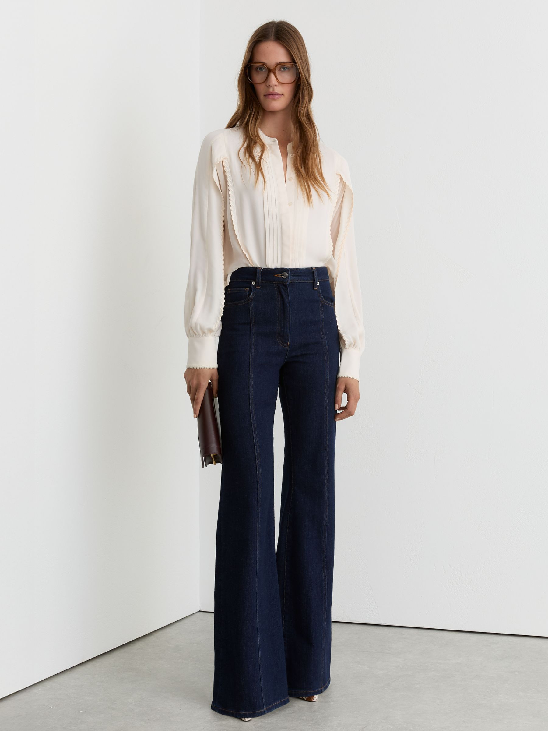 Reiss Pleated Embroidered Long-Sleeve Blouse in Pale Pink - REISS | Reiss UK