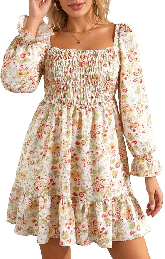 Floral Smocked Square Neck Dress | Flowy A-Line Mini with Ruffle Sleeves, Elastic Waist in Luxury... | Amazon (US)