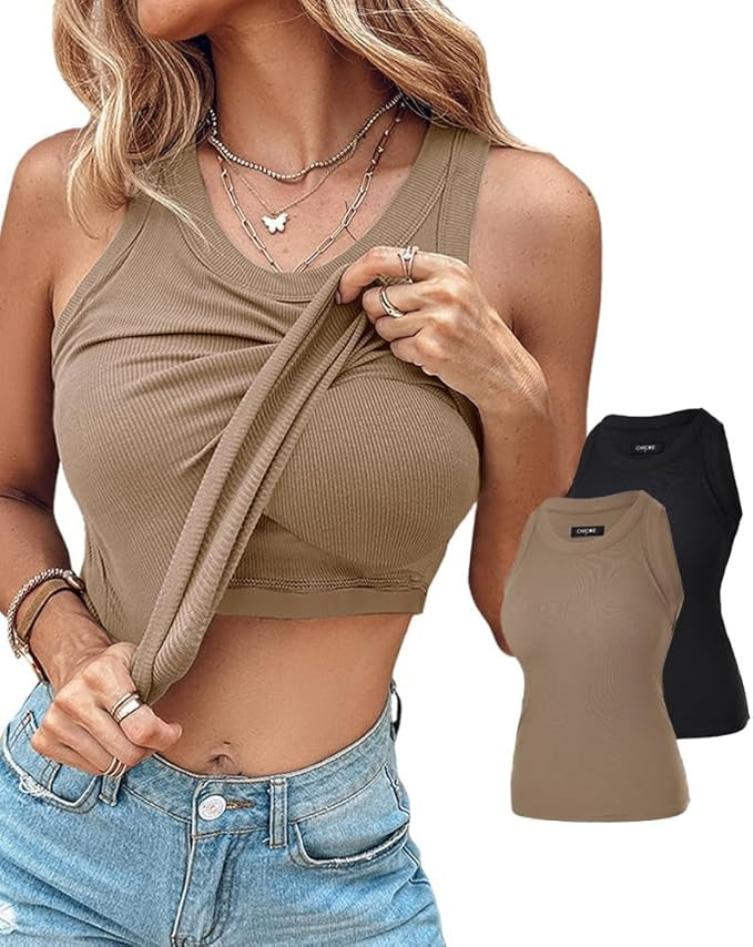 CHICME 2 Piece Tank Tops with Built in Bras Athletic Tank Tops for Women Ribbed Tank Top Fitness ... | Amazon (US)