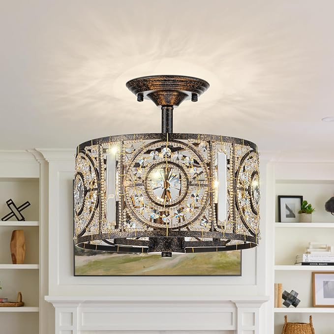 Vintage Crystal Drum Chandelier, 3-Lights Bronze Finish Retro Chandelier Lighting Fixtures, Semi ... | Amazon (US)