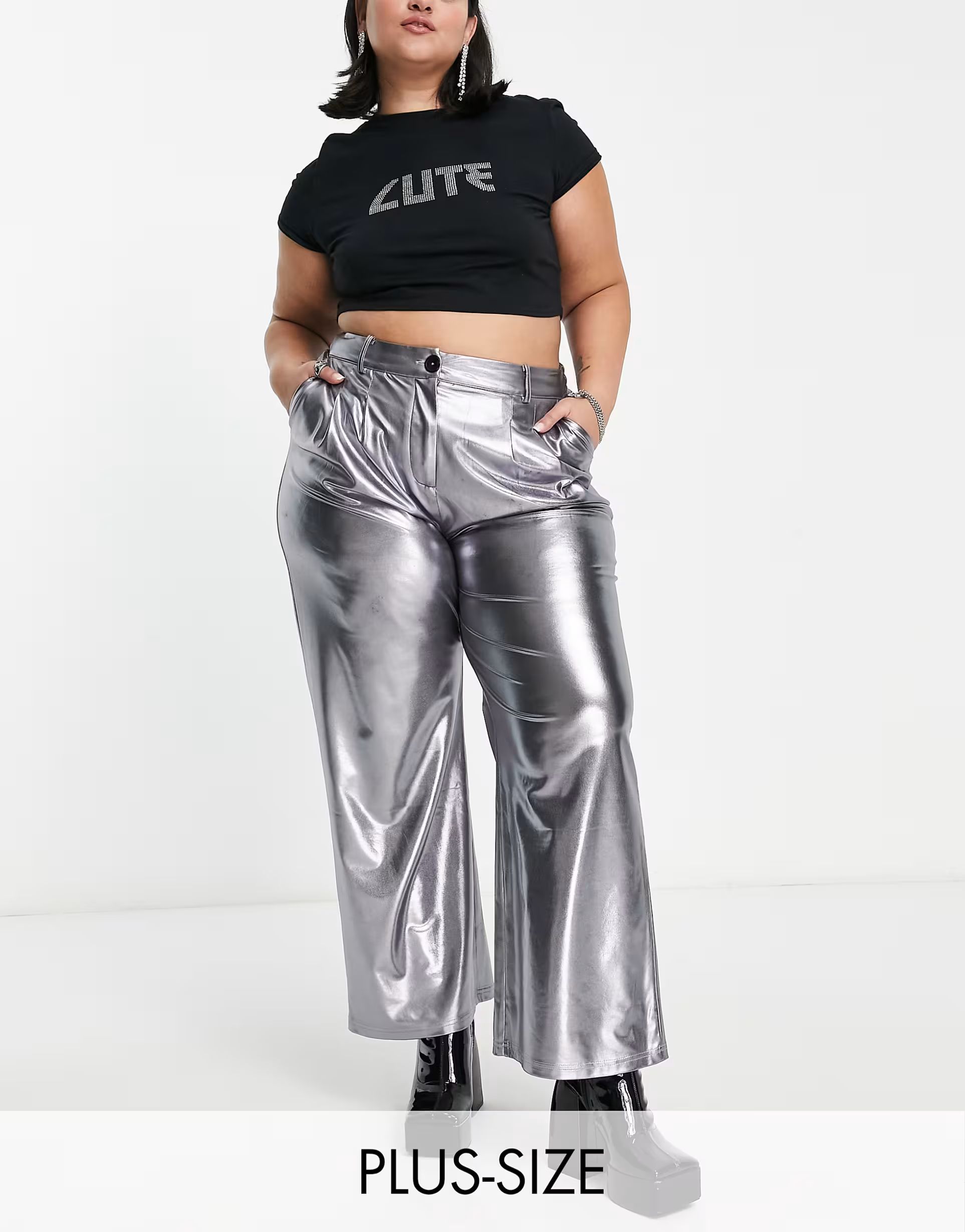 Urban Threads Plus straight leg metallic trousers in silver | ASOS (Global)