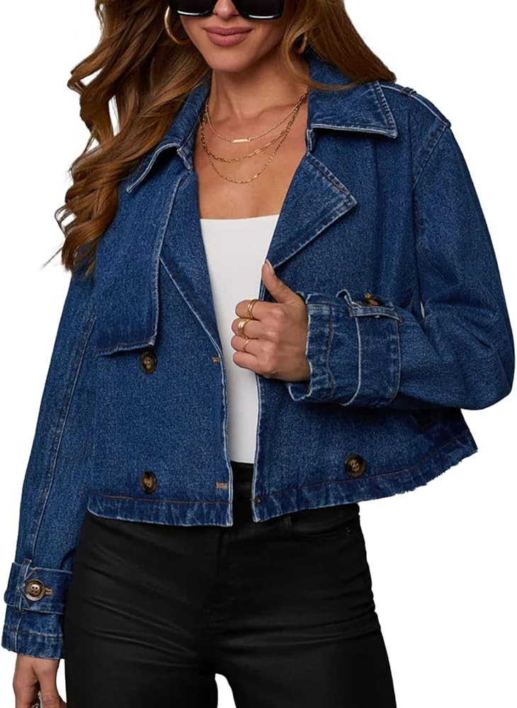 Womens Cropped Double Breasted Denim Trench Coat Vintage Notched Collar Work Office Crop Jean Jac... | Amazon (US)