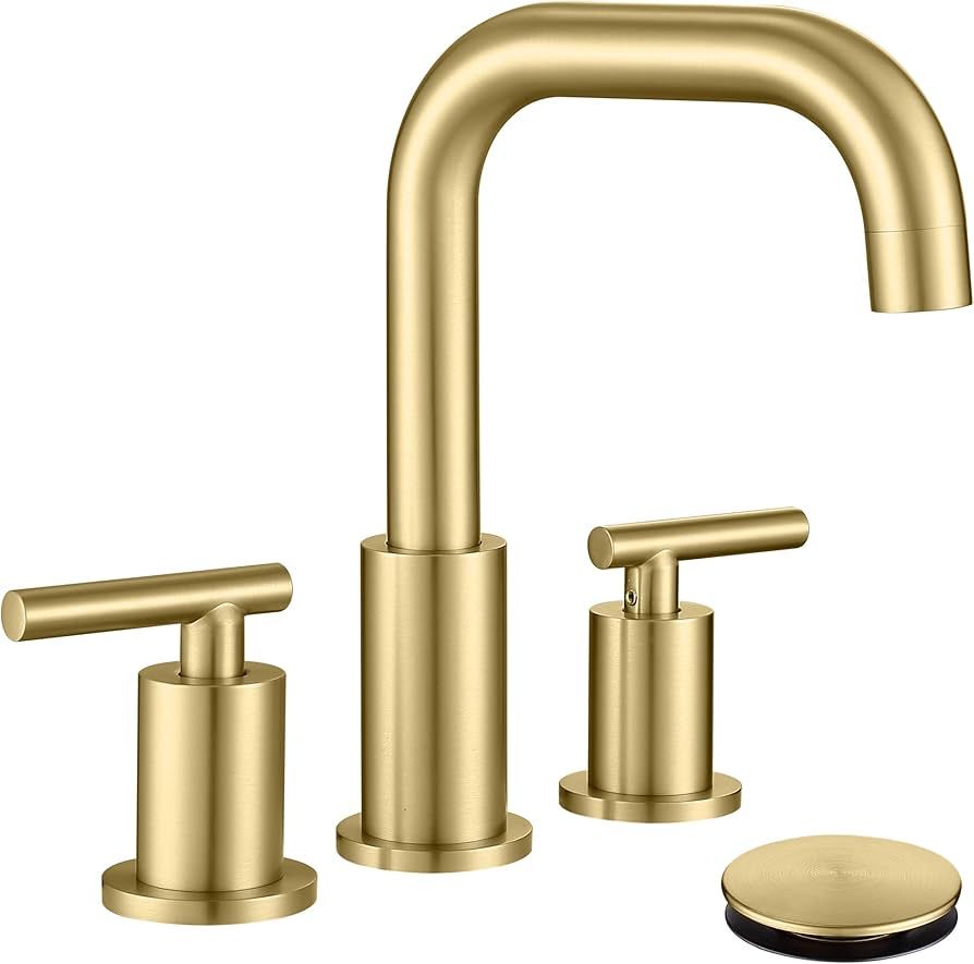 8 inch Widespread Bathroom Faucet with Drain and Supply Hose, 2 Handles Brushed Gold Bathroom Fau... | Amazon (US)