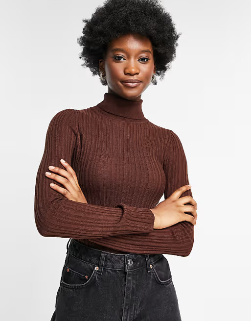 ASOS DESIGN ribbed roll neck jumper in brown | ASOS (Global)