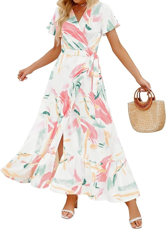 ZESICA Women's 2025 Bohemian Floral Printed Wrap V Neck Short Sleeve Split Beach Party Maxi Dress | Amazon (US)