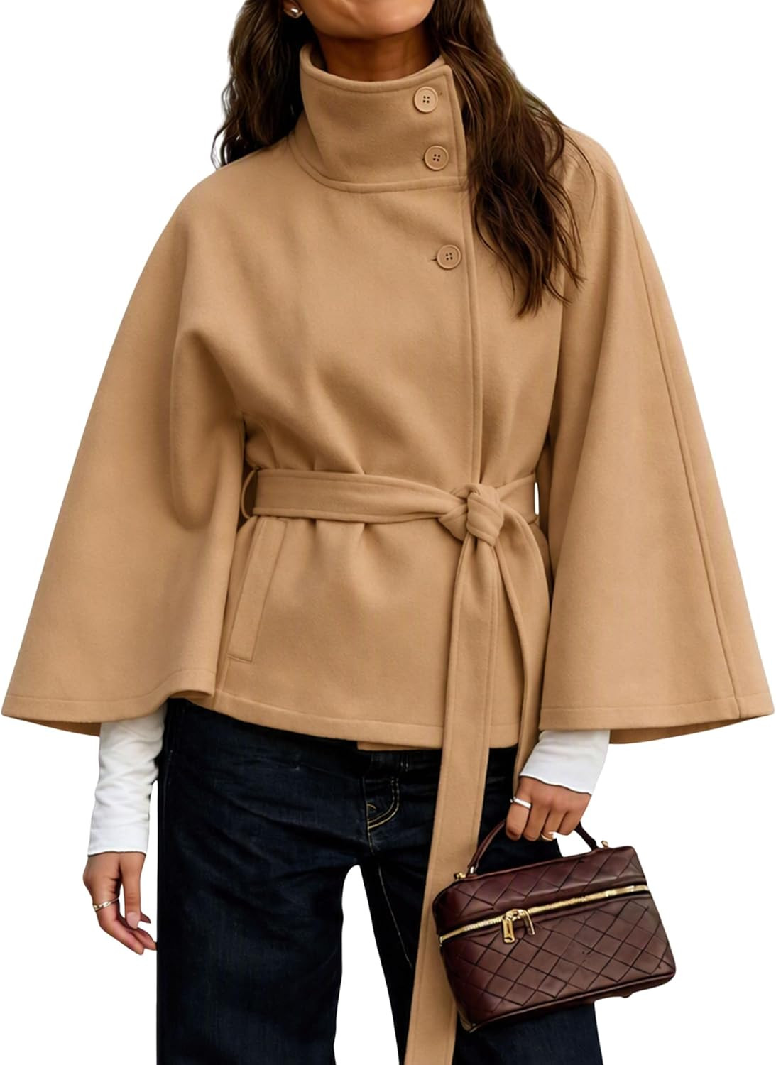 Hooever Women Batwing Sleeve Ponchos Pea Coat Wool Blend Stand Collar Jacket Winter Cropped Overcoat | Amazon (US)