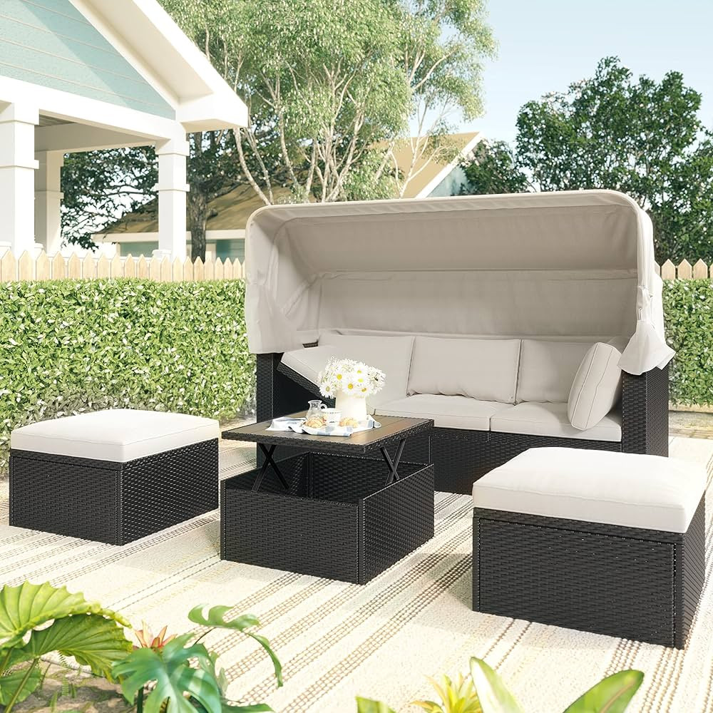 Quarte Outdoor Patio Rectangle Daybed with Retractable Canopy,All-Weather Wicker Sectional Furnit... | Amazon (US)