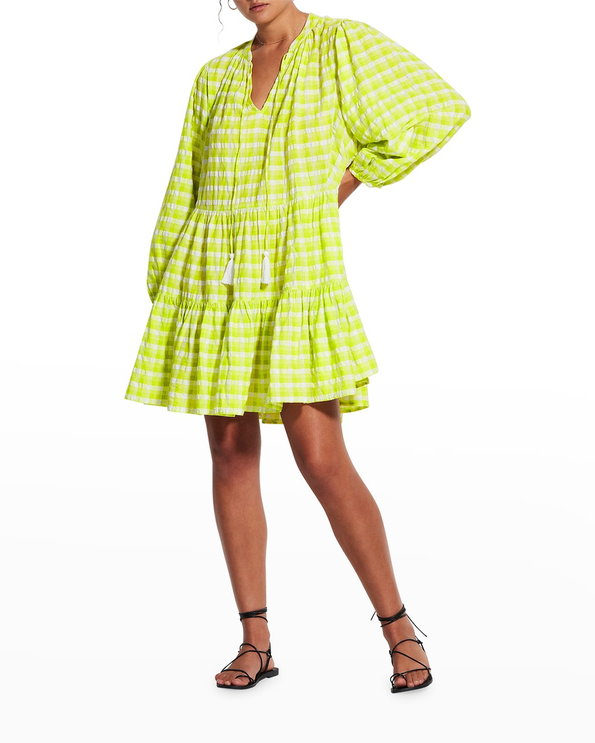 Portofino Gingham Short Tiered Dress | Neiman Marcus