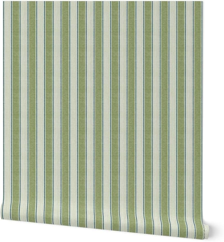 Peel & Stick Wallpaper 6ft x 2ft - French Ticking Stripe Vertical Green Beige Vintage Faux Textur... | Amazon (US)