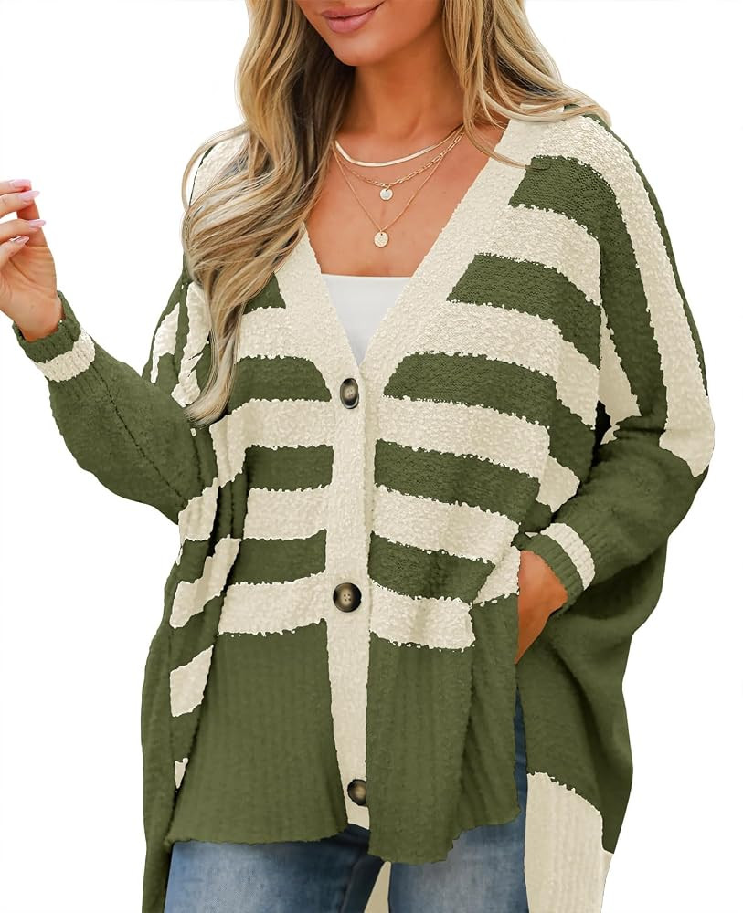 Saodimallsu Womens Oversized Striped Cardigan Fuzzy Knit Fall Sweaters | Amazon (US)