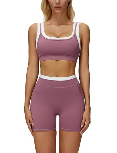Womens Workout Sets Two Piece Color Block Layered Square Neck Sports Bra Matching Tummy Control High Wait Biker Shorts 2 Piece Gym Sets Yoga Pilates Outfits Bean Small | Amazon (US)