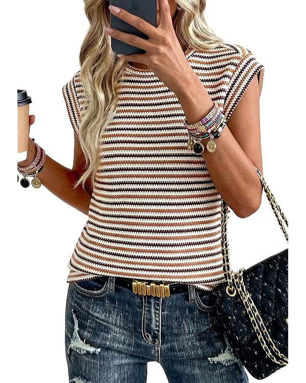 PRETTYGARDEN Tank Top for Women Striped Shirt 2026 Spring Clothes Crew Neck Cap Sleeve Knit Vest ... | Amazon (CA)