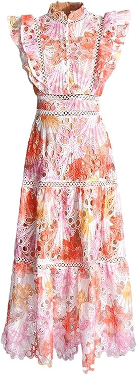 Women's Floral Short Sleeve Hollow Dress Stand Collar High Waist Zipper Mini Dress | Amazon (US)