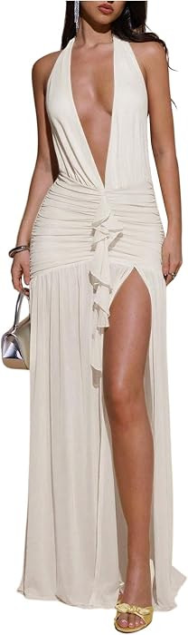 SHENHE Women's Sexy Halter Open Back High Slit Ruched Ruffle Party Dress | Amazon (US)