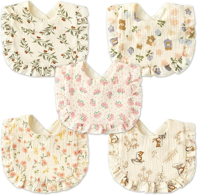 Zainpe 5Pcs Snap Muslin Cotton Baby Drooling Bibs with Flounce Lace Absorbent Layers Soft Burp Cl... | Amazon (US)