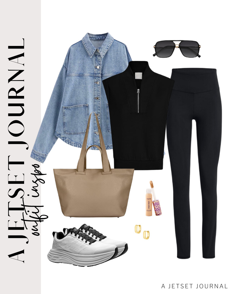 Pair a black sweatshirt with your leggings, then layer it with a denim shirt. This creates a timeless and classy look. If you haven't tried it yet, the Tarte Shape Tape concealer is an excellent addition to your makeup collection. Complete the look with small, chunky hoop earrings. 

 #LTKSeasonal #LTKTravel