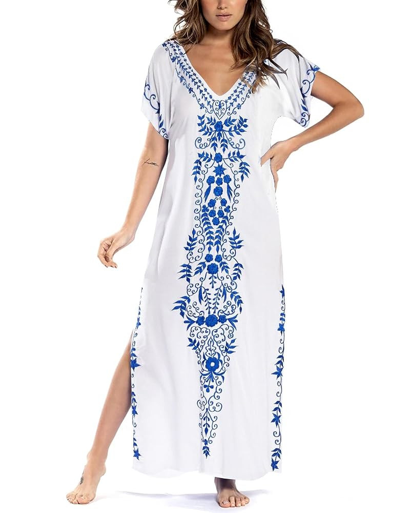 Busbseach Caftan Dresses for Women Embroidery Short Sleeve Beach Cover Up V Neck Maxi Kaftan Dres... | Amazon (US)