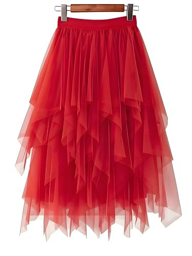 LBKKC Women's Tulle Skirt Red, Formal High Low Asymmetrical Midi Length Elastic Waist Tutu Layered Puffy Fairy Skirts | Amazon (US)