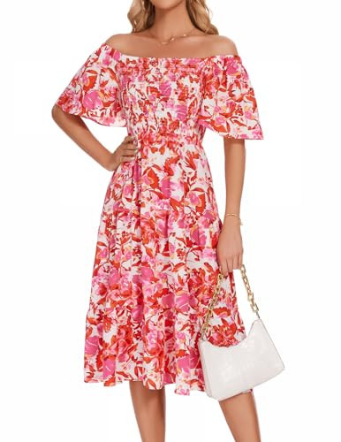 Bbonlinedress Womens Casual Floral Summer Smocked Wedding Party Boho Sundress Midi Cocktail Dress Red Pink Flower M | Amazon (US)