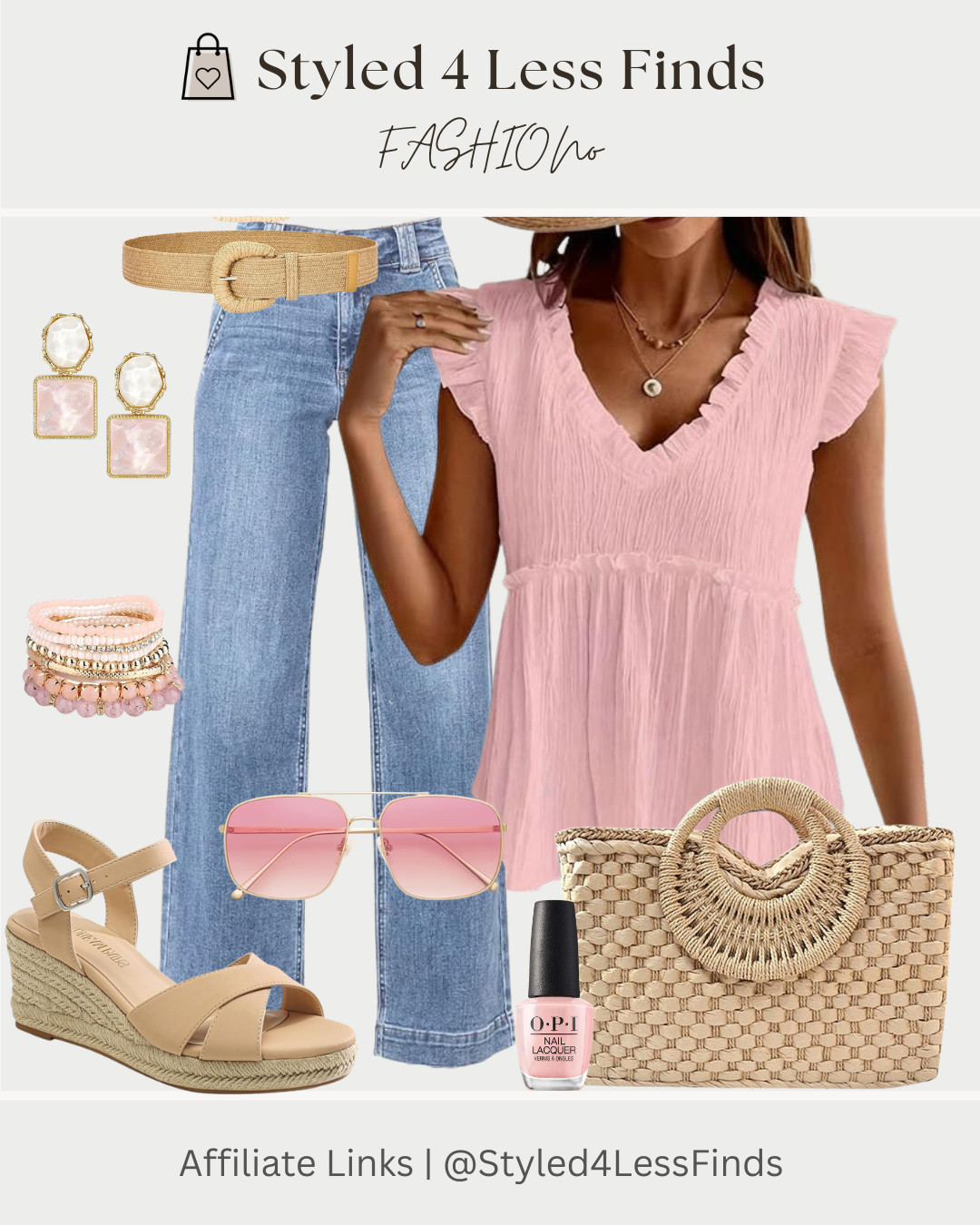 Blush + denim = the easiest pretty-girl combo for spring 🌸

This flowy pink top paired with light wash wide-leg denim is effortlessly flattering and perfect for everyday wear. I kept the accessories soft and neutral with woven textures, gold details, and a hint of pink for a cohesive, elevated look. 

 #LTKcanada #LTKsummer #LTKover50style