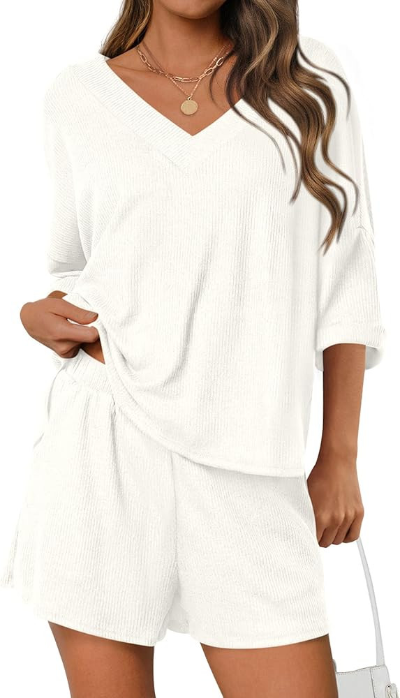 PRETTYGARDEN Womens 2 Piece Sets 2026 Oversized Vneck Half Sleeve Tops Shorts Lounge Set Casual S... | Amazon (US)