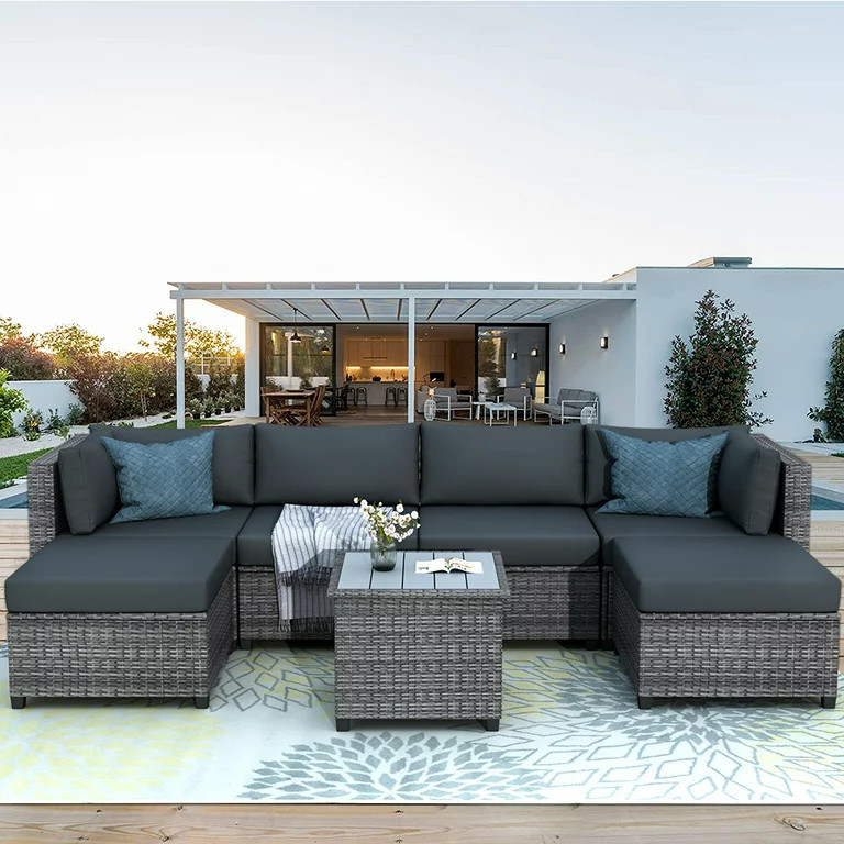 7 Piece Rattan Sectional Sofa Set, Outdoor Conversation Set, All-Weather Wicker Sectional Seating... | Walmart (US)
