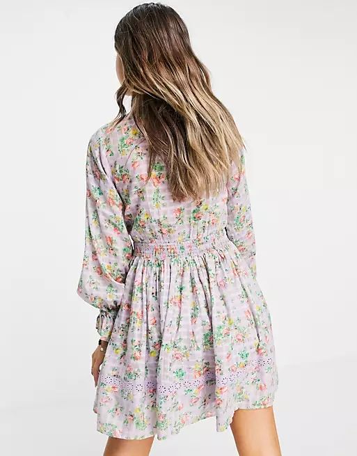 ASOS DESIGN button through lace insert mini dress with elasticized waist in floral print | ASOS (Global)