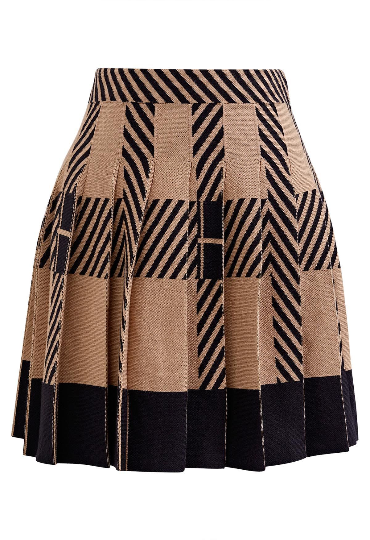 Color Block Striped Pleated Knit Skirt in Tan | Chicwish
