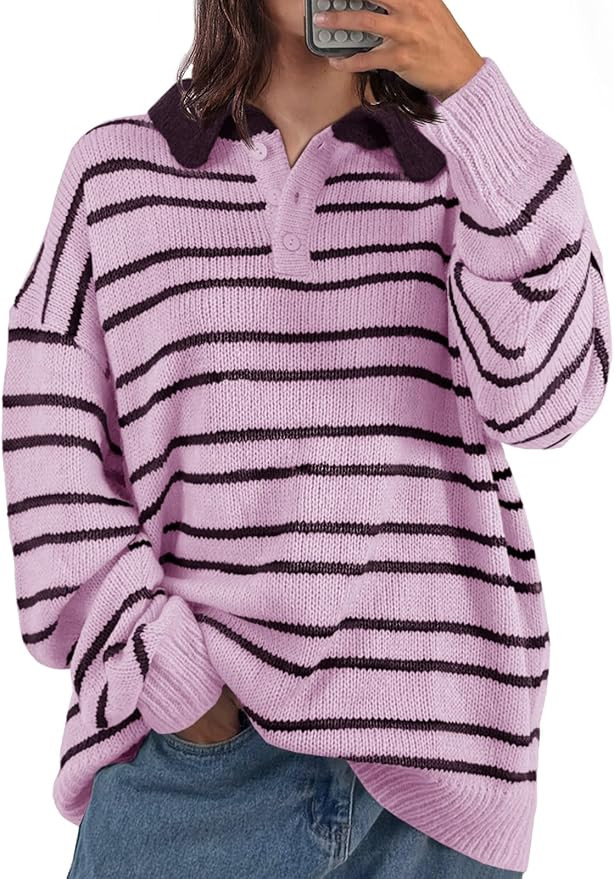 Saodimallsu Womens Striped Swaters Button Collared Polo Shirts Oversized Long Sleeve Chunky Knit ... | Amazon (US)