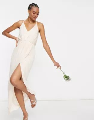 TFNC bridesmaid satin halterneck top maxi dress in light blush | ASOS (Global)