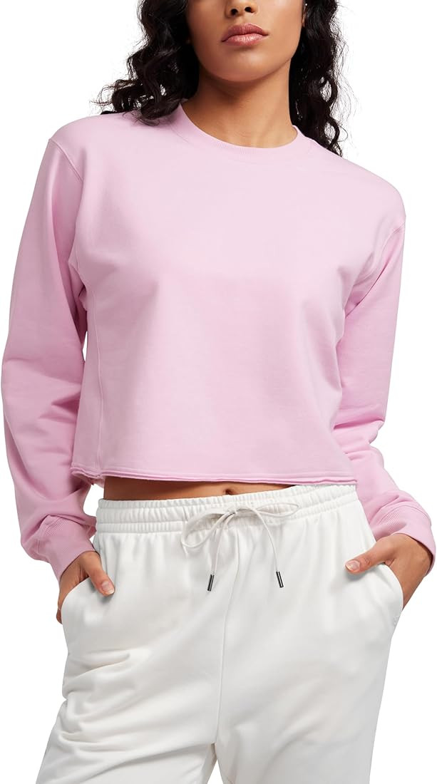 CRZ YOGA Womens Fleece Cropped Sweatshirts Crewneck Long Sleeve Sweat Shirts Double Raw Hem Worko... | Amazon (US)