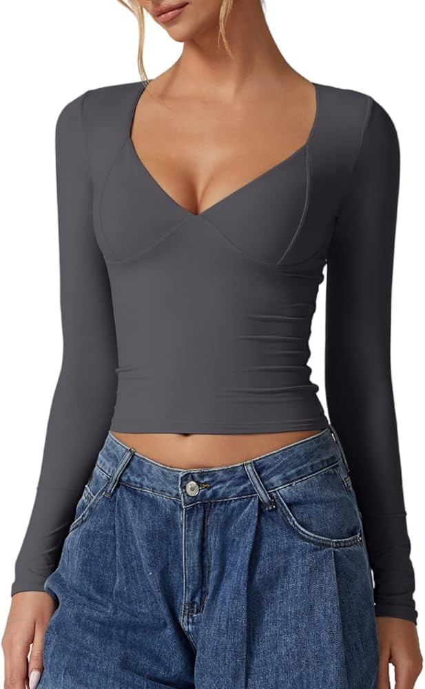 QINSEN Women's Long Sleeve V Neck T Shirts Double Lined Crop Top Seamed Cup Going Out Tops | Amazon (US)